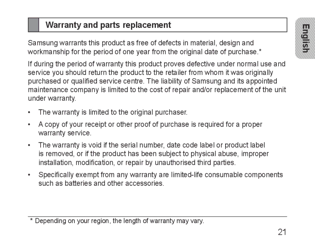 Samsung BHM3200EDECSER, BHM3200EDECXEF, BHM3200EDECFOP, BHM3200EDECXEH, BHM3200EDECXEE manual Warranty and parts replacement 