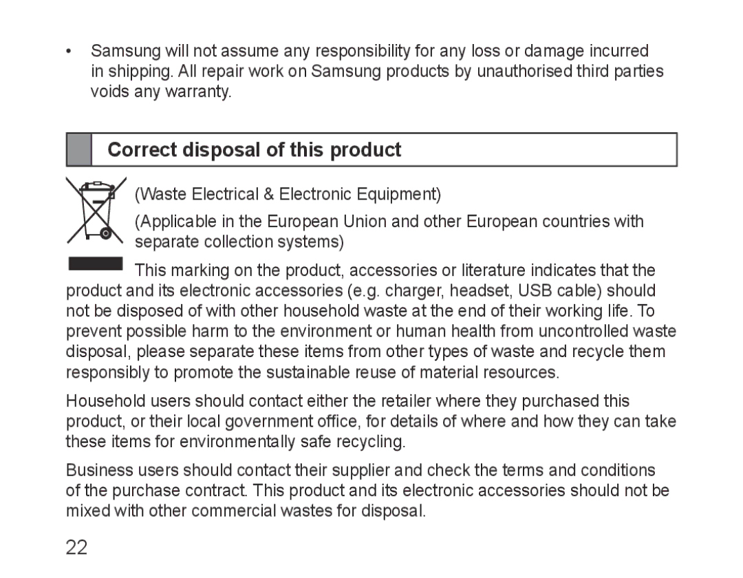 Samsung BHM3200EDECXEF, BHM3200EDECFOP, BHM3200EDECXEH, BHM3200EDECXEE, BHM3200EDECEUR manual Correct disposal of this product 