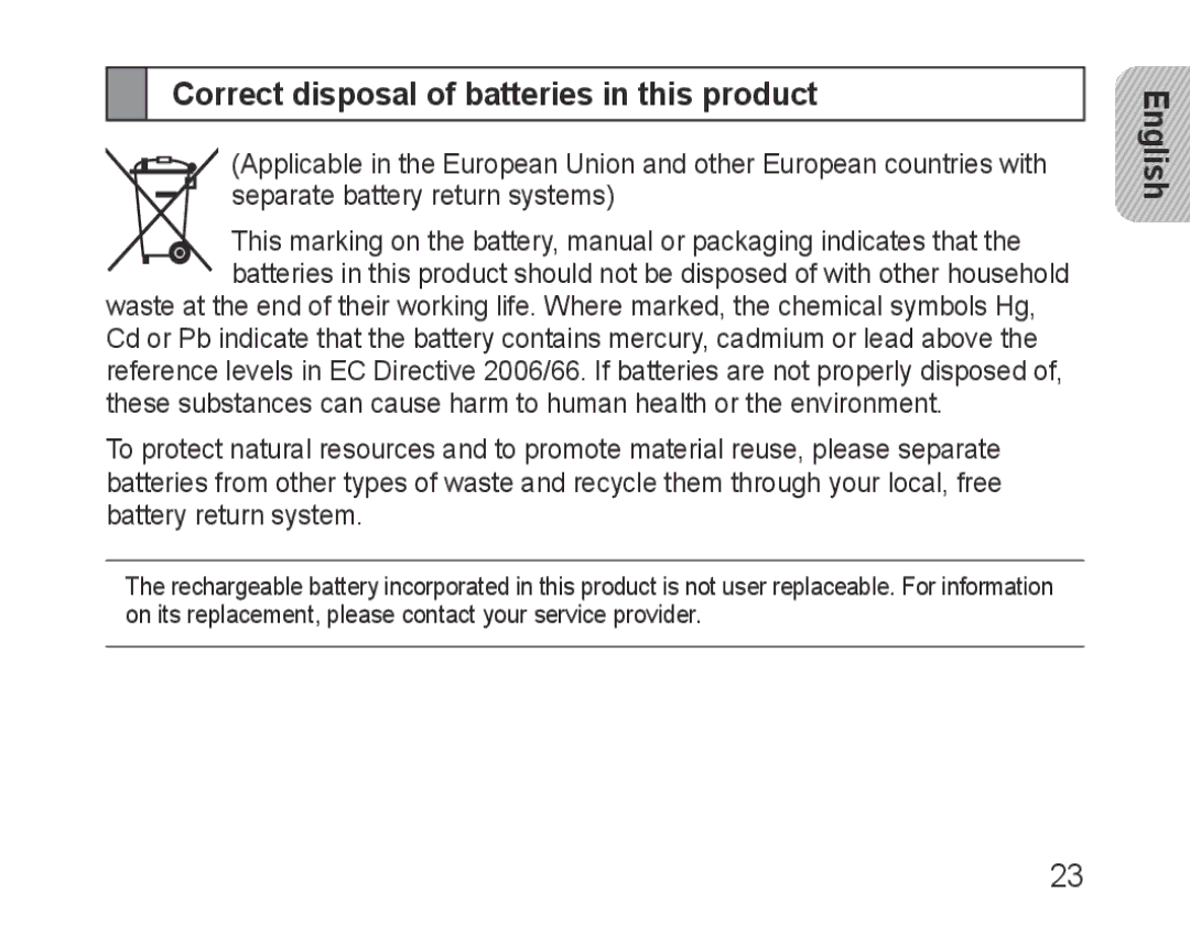 Samsung BHM3200EDECFOP, BHM3200EDECXEF, BHM3200EDECXEH, BHM3200EDECXEE manual Correct disposal of batteries in this product 