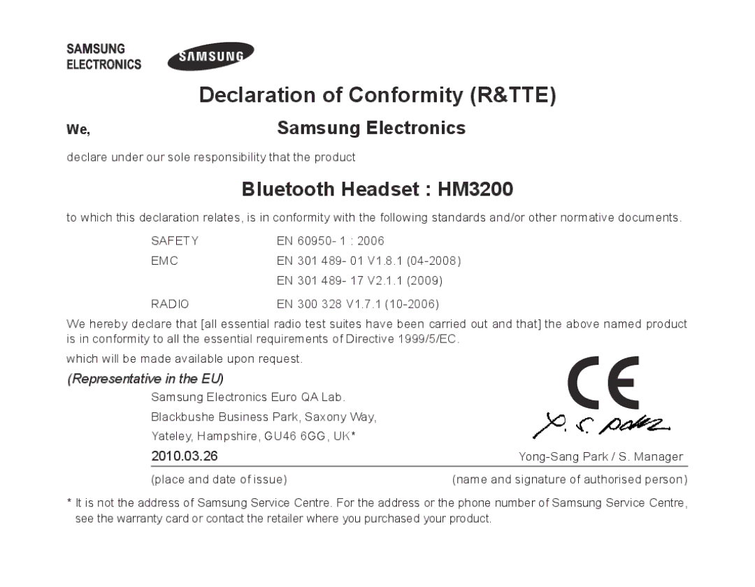 Samsung BHM3200EDECXEE, BHM3200EDECXEF manual Declaration of Conformity R&TTE, Bluetooth Headset HM3200, Samsung Electronics 