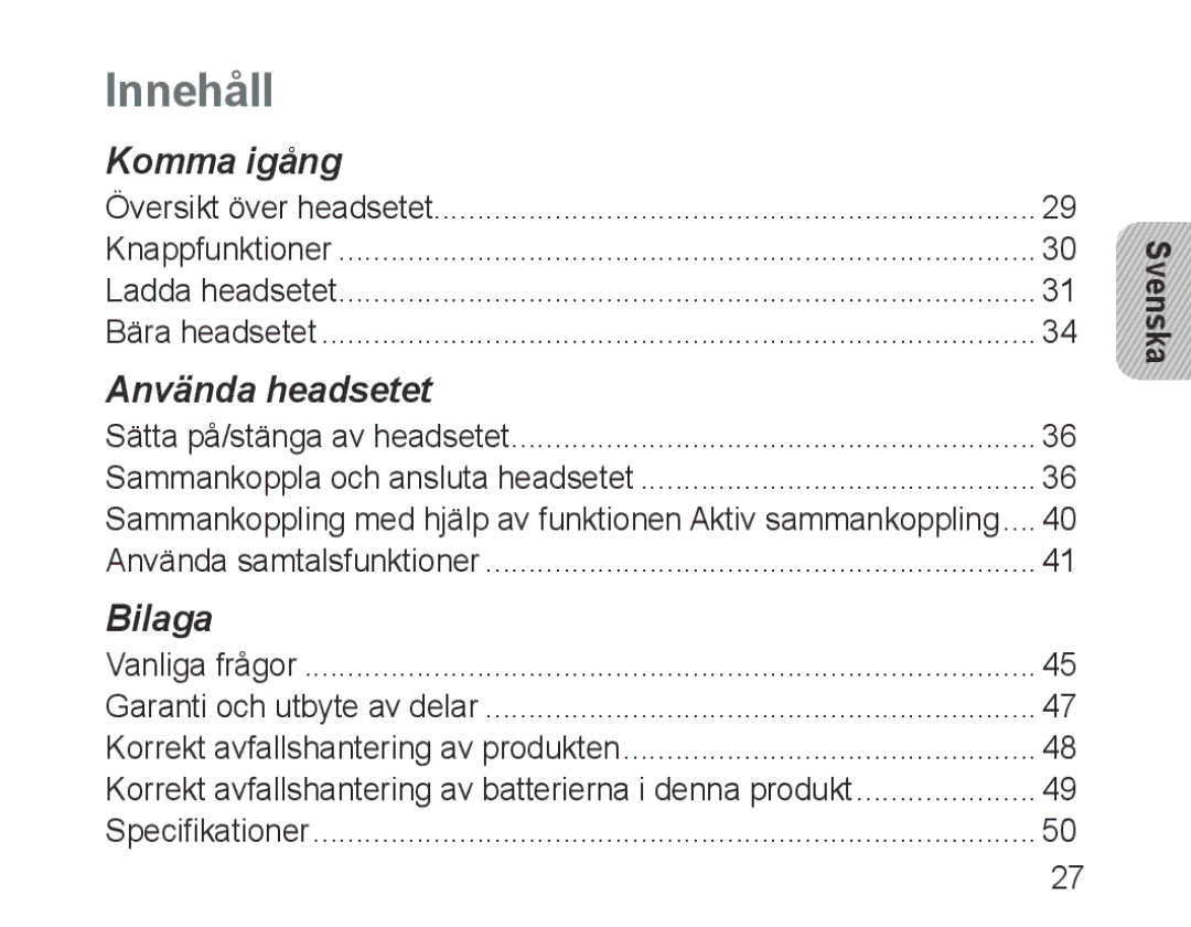 Samsung BHM3200EDECSER, BHM3200EDECXEF, BHM3200EDECFOP, BHM3200EDECXEH, BHM3200EDECXEE, BHM3200EDECEUR manual Innehåll, Svenska 