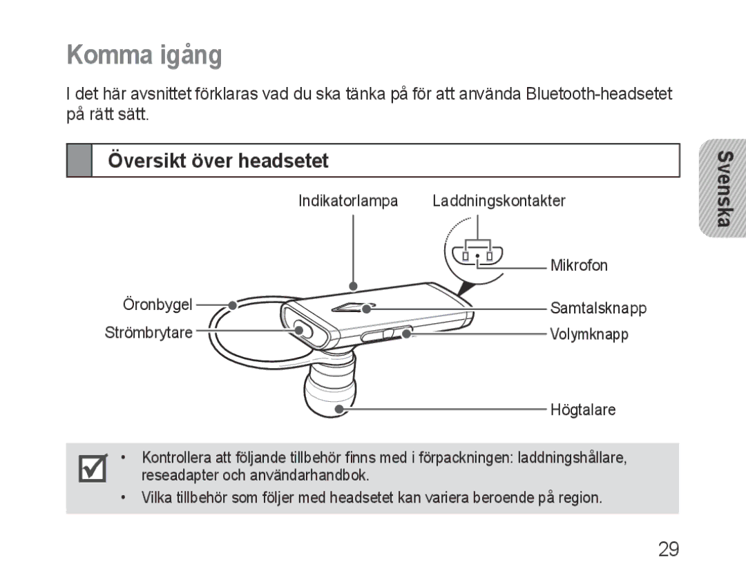 Samsung BHM3200EDECFOP, BHM3200EDECXEF, BHM3200EDECXEH, BHM3200EDECXEE, BHM3200EDECEUR Komma igång, Översikt över headsetet 