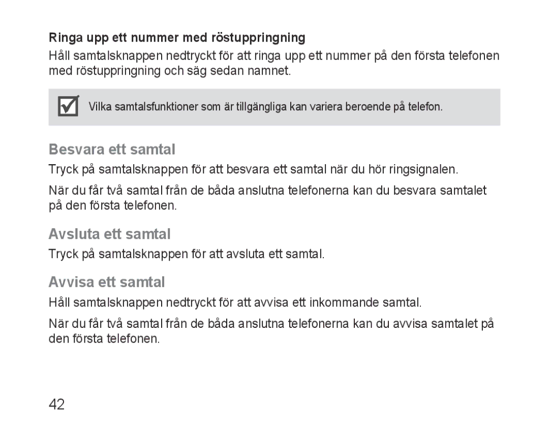 Samsung BHM3200EDECXEH Besvara ett samtal, Avsluta ett samtal, Avvisa ett samtal, Ringa upp ett nummer med röstuppringning 