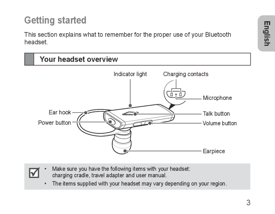 Samsung BHM3200EDECSER, BHM3200EDECXEF, BHM3200EDECFOP, BHM3200EDECXEH, BHM3200EDECXEE Getting started, Your headset overview 