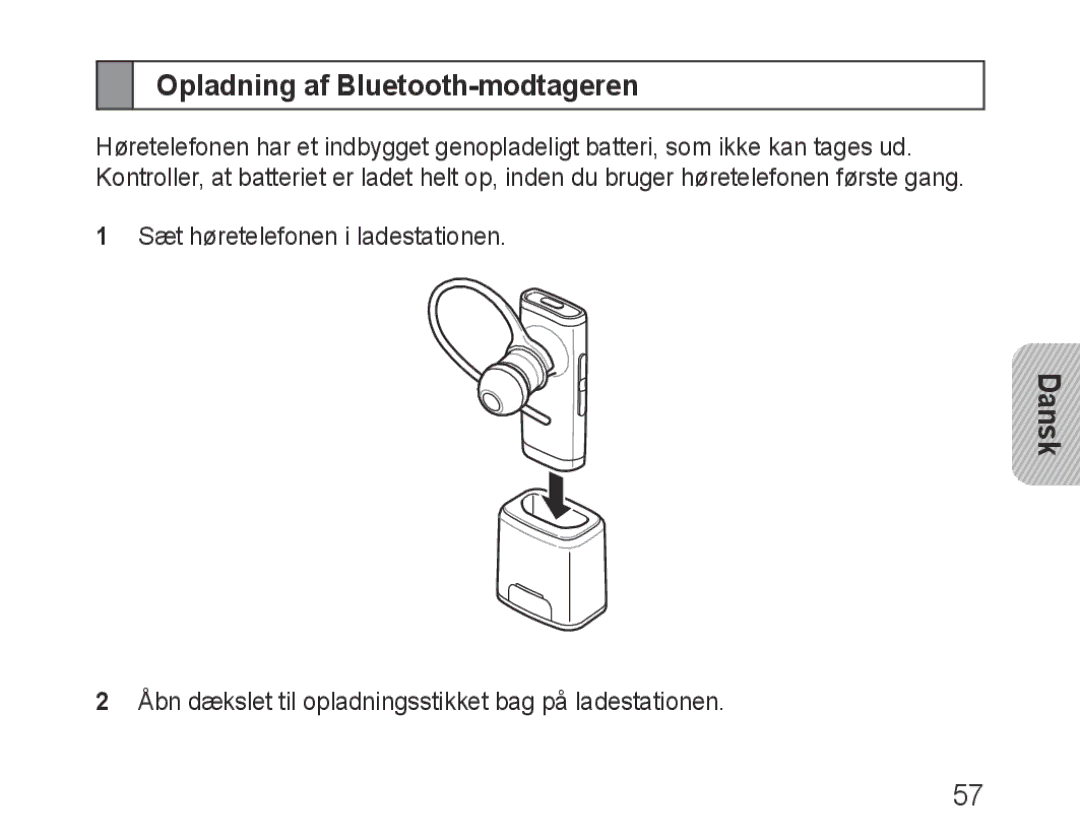 Samsung BHM3200EDECSER, BHM3200EDECXEF, BHM3200EDECFOP, BHM3200EDECXEH, BHM3200EDECXEE manual Opladning af Bluetooth-modtageren 