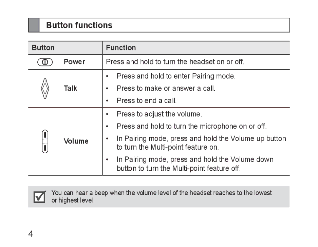 Samsung BHM3200EDECXEF, BHM3200EDECFOP, BHM3200EDECXEH, BHM3200EDECXEE Button functions, Button Function Power, Talk, Volume 