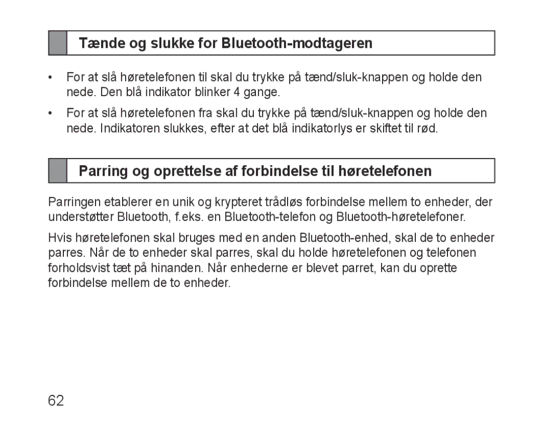 Samsung BHM3200EDECEUR Tænde og slukke for Bluetooth-modtageren, Parring og oprettelse af forbindelse til høretelefonen 