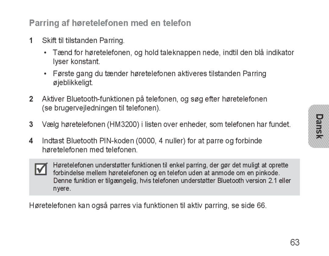 Samsung BHM3200EDECSER, BHM3200EDECXEF, BHM3200EDECFOP, BHM3200EDECXEH manual Parring af høretelefonen med en telefon 