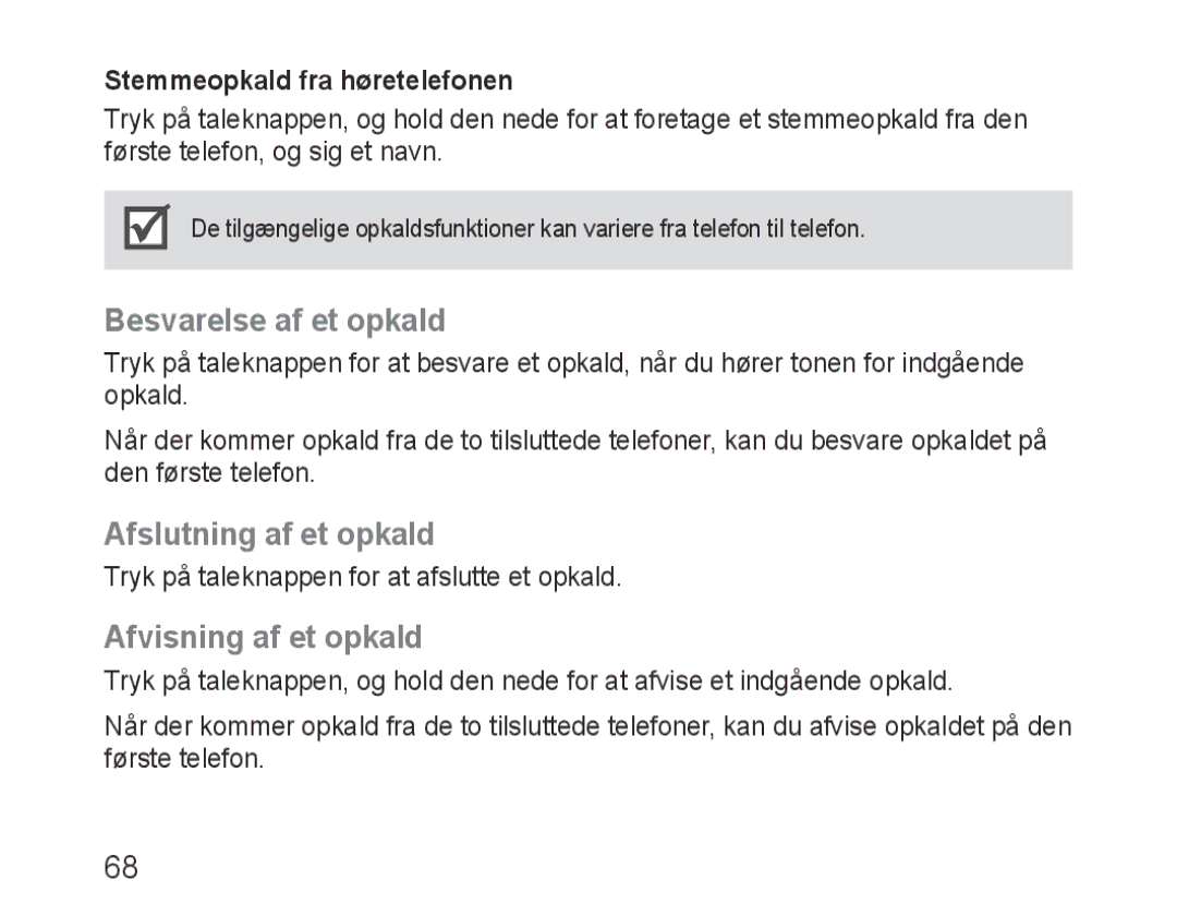 Samsung BHM3200EDECEUR, BHM3200EDECXEF manual Besvarelse af et opkald, Afslutning af et opkald, Afvisning af et opkald 