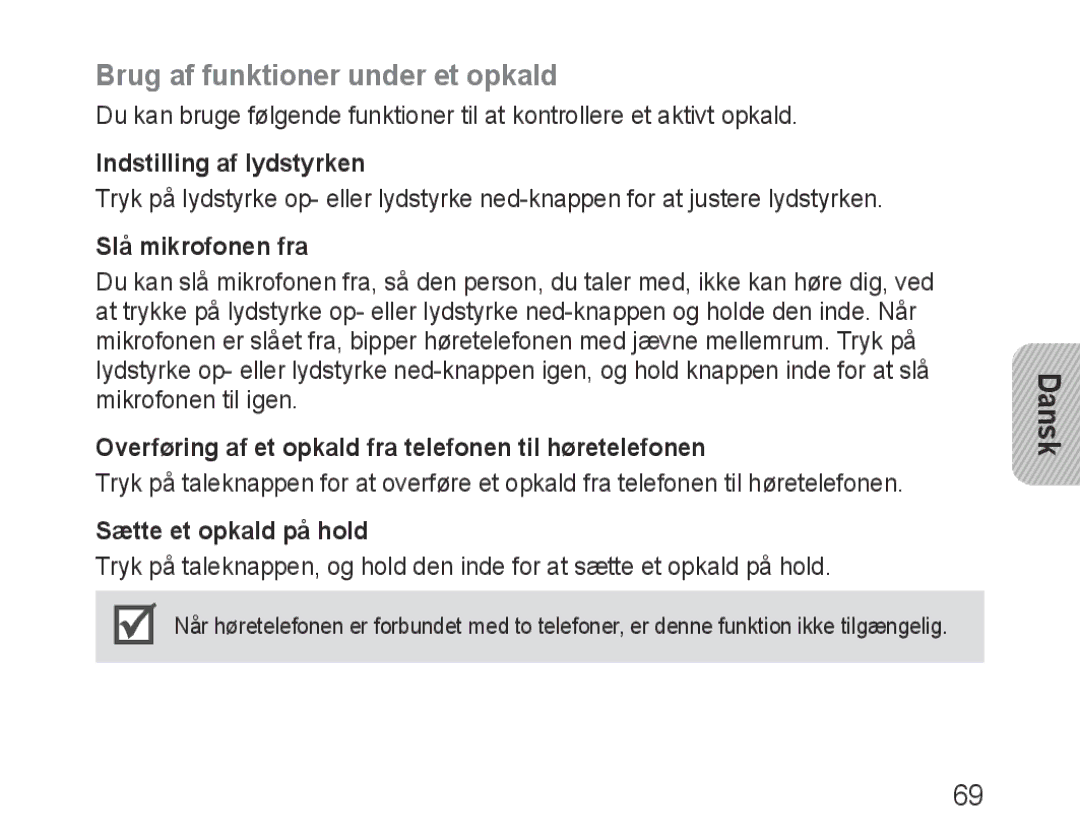 Samsung BHM3200EDECSER, BHM3200EDECXEF Brug af funktioner under et opkald, Indstilling af lydstyrken, Slå mikrofonen fra 