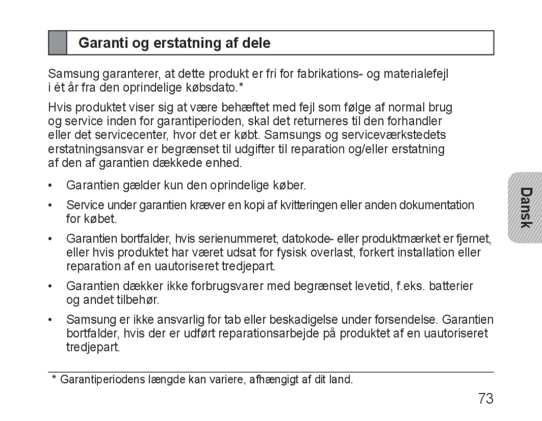 Samsung BHM3200EDECXEE, BHM3200EDECXEF, BHM3200EDECFOP, BHM3200EDECXEH, BHM3200EDECEUR manual Garanti og erstatning af dele 