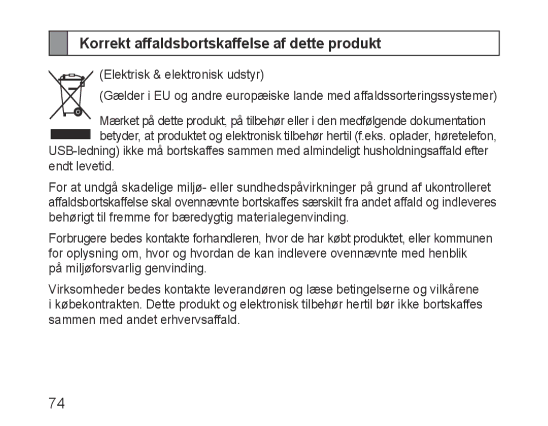 Samsung BHM3200EDECEUR, BHM3200EDECXEF, BHM3200EDECFOP, BHM3200EDECXEH manual Korrekt affaldsbortskaffelse af dette produkt 