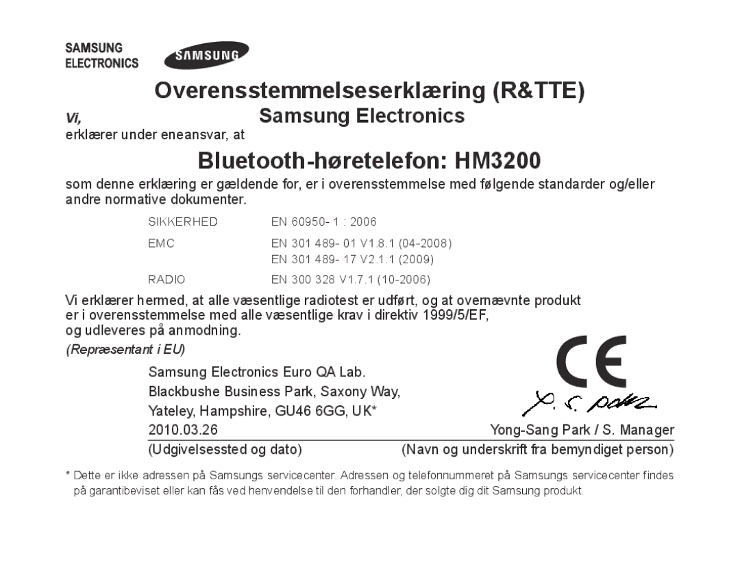 Samsung BHM3200EDECFOP, BHM3200EDECXEF, BHM3200EDECXEH, BHM3200EDECXEE, BHM3200EDECEUR manual Bluetooth-høretelefon HM3200 