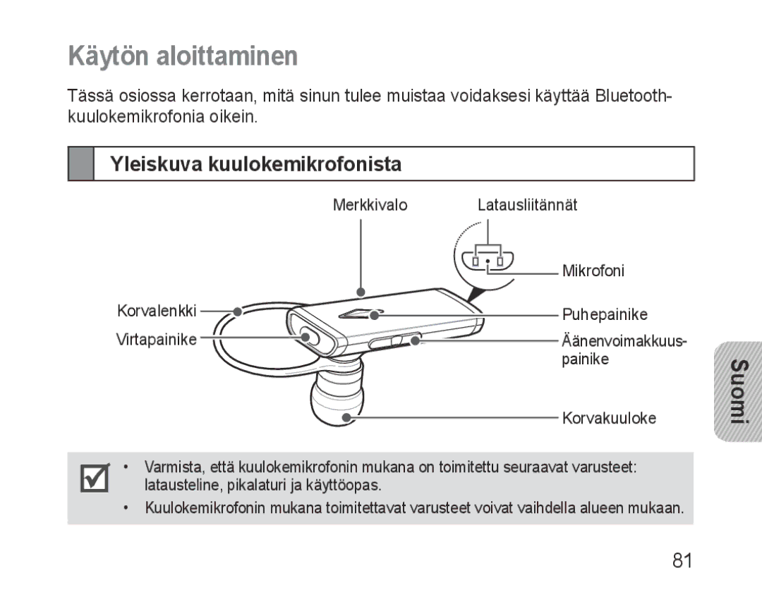 Samsung BHM3200EDECSER, BHM3200EDECXEF, BHM3200EDECFOP, BHM3200EDECXEH Käytön aloittaminen, Yleiskuva kuulokemikrofonista 