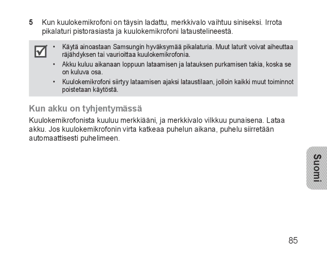 Samsung BHM3200EDECXEE, BHM3200EDECXEF, BHM3200EDECFOP, BHM3200EDECXEH, BHM3200EDECEUR manual Kun akku on tyhjentymässä 