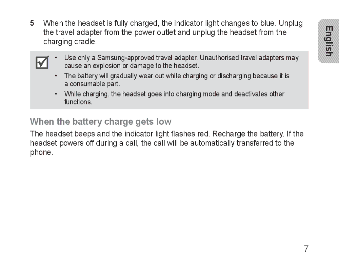 Samsung BHM3200EDECXEE, BHM3200EDECXEF, BHM3200EDECFOP, BHM3200EDECXEH, BHM3200EDECEUR manual When the battery charge gets low 