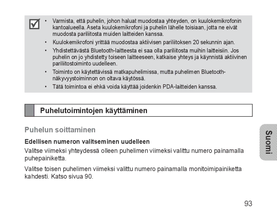 Samsung BHM3200EDECSER manual Puhelutoimintojen käyttäminen, Puhelun soittaminen, Edellisen numeron valitseminen uudelleen 