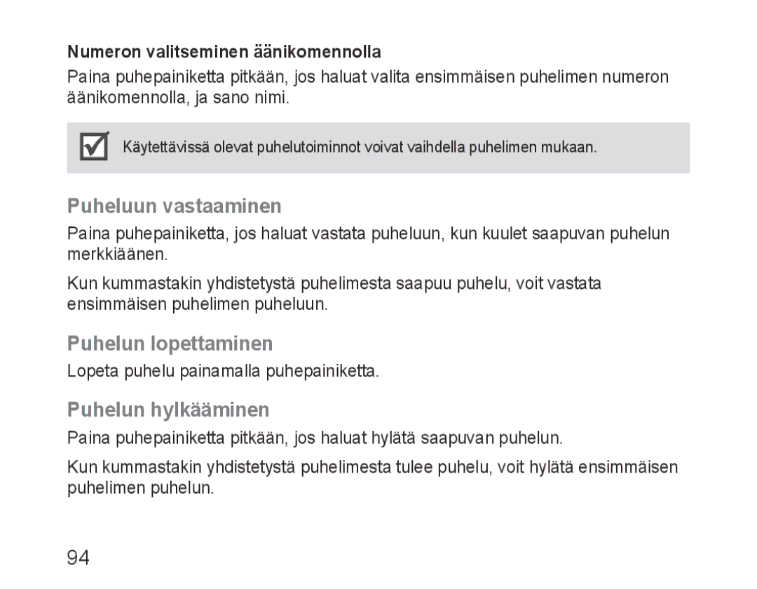 Samsung BHM3200EDECXEF, BHM3200EDECFOP, BHM3200EDECXEH manual Puheluun vastaaminen, Puhelun lopettaminen, Puhelun hylkääminen 