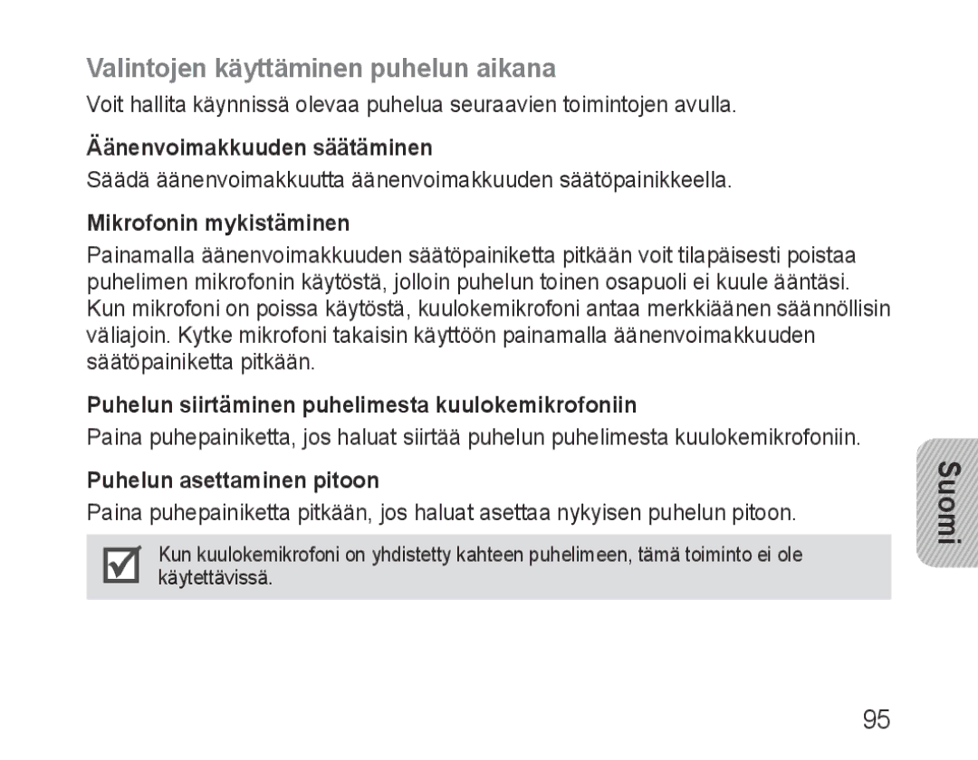 Samsung BHM3200EDECFOP manual Valintojen käyttäminen puhelun aikana, Äänenvoimakkuuden säätäminen, Mikrofonin mykistäminen 