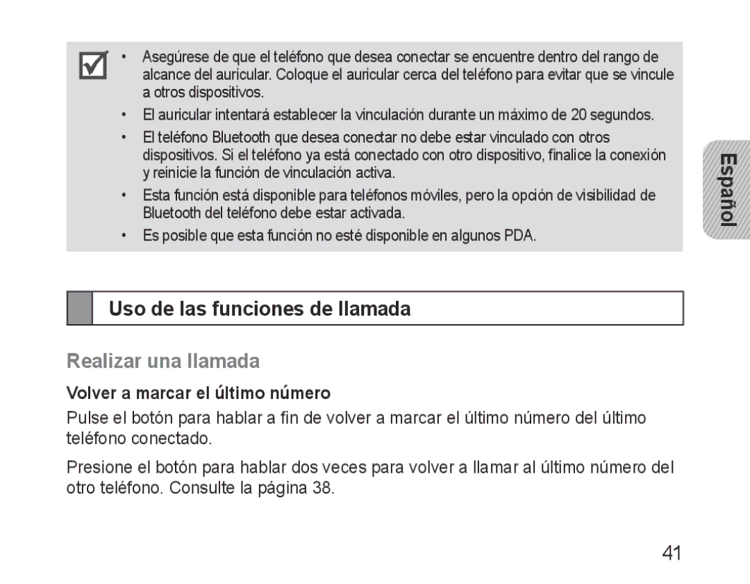 Samsung BHM3200EDECFOP manual Uso de las funciones de llamada, Realizar una llamada, Volver a marcar el último número 