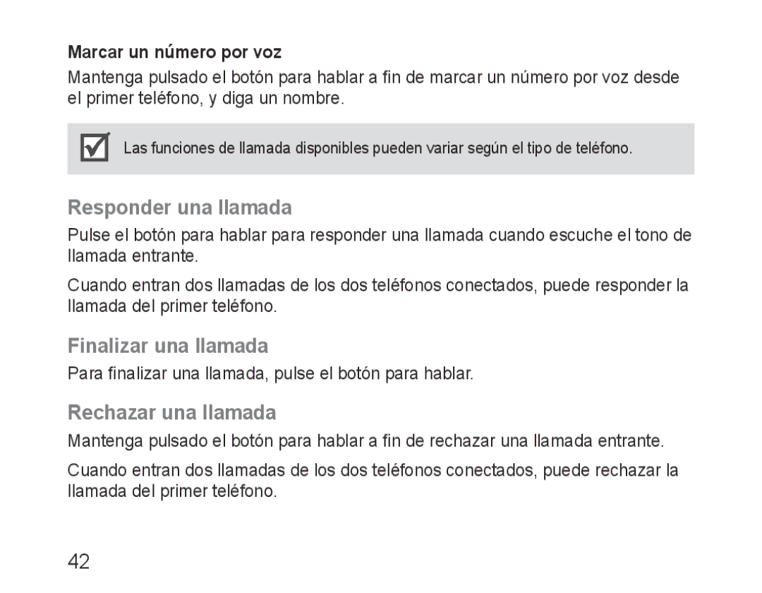 Samsung BHM3200EDECXEH manual Responder una llamada, Finalizar una llamada, Rechazar una llamada, Marcar un número por voz 