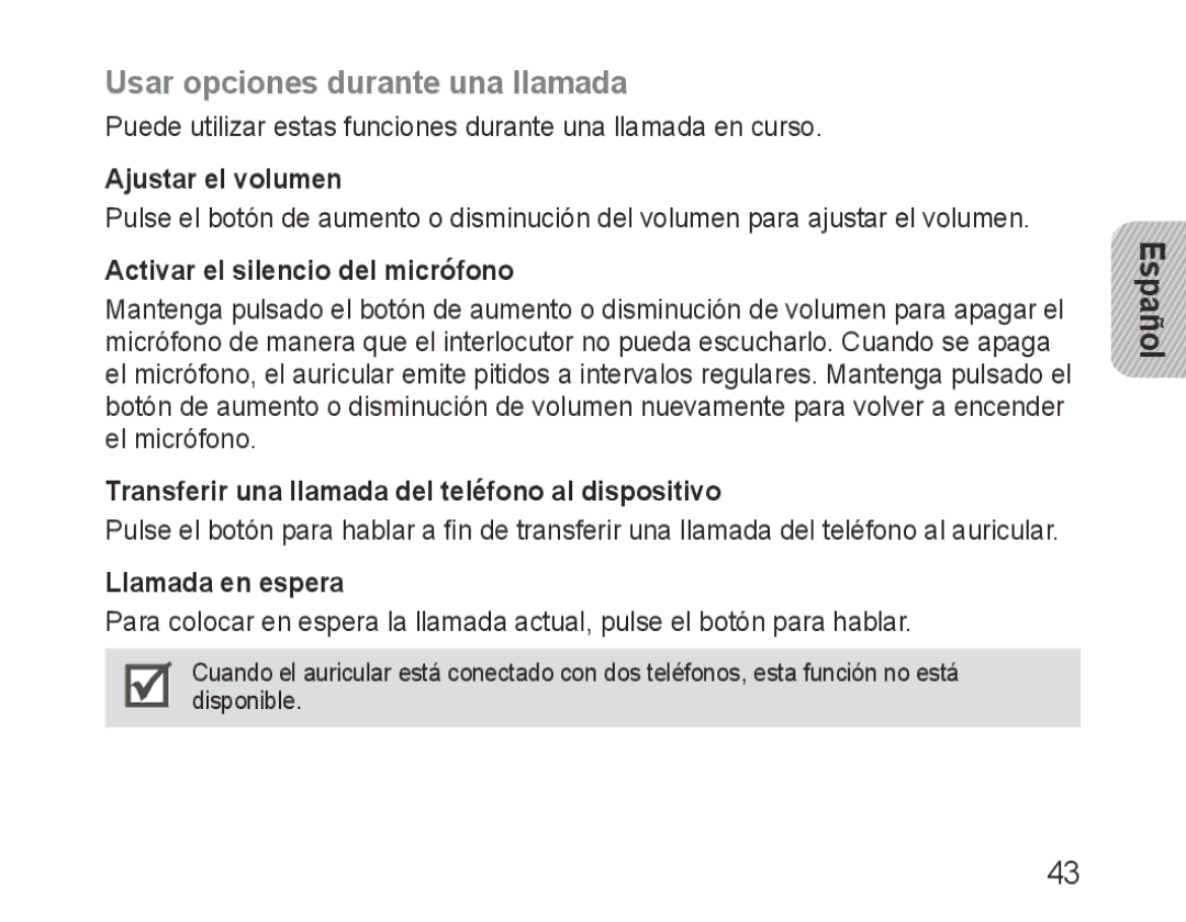 Samsung BHM3200EDECXEE manual Usar opciones durante una llamada, Ajustar el volumen, Activar el silencio del micrófono 