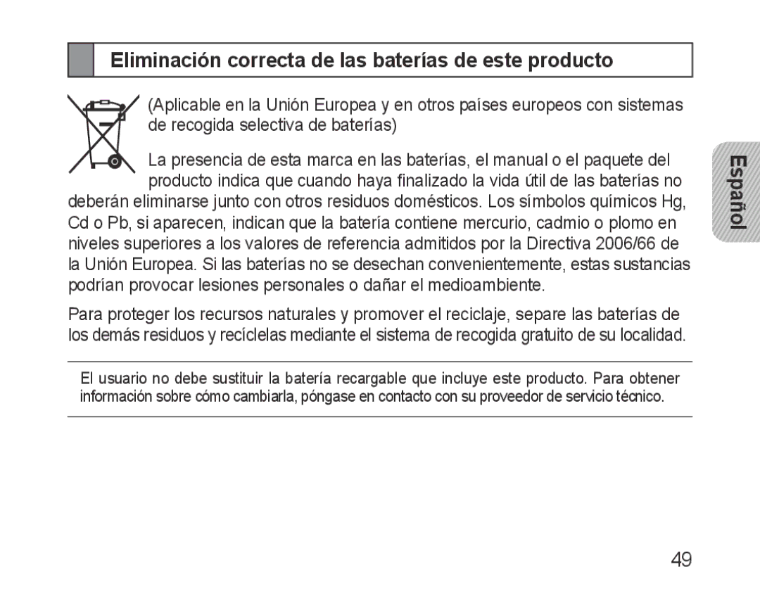 Samsung BHM3200EDECXEE, BHM3200EDECXEF, BHM3200EDECFOP, BHM3200EDECXEH Eliminación correcta de las baterías de este producto 