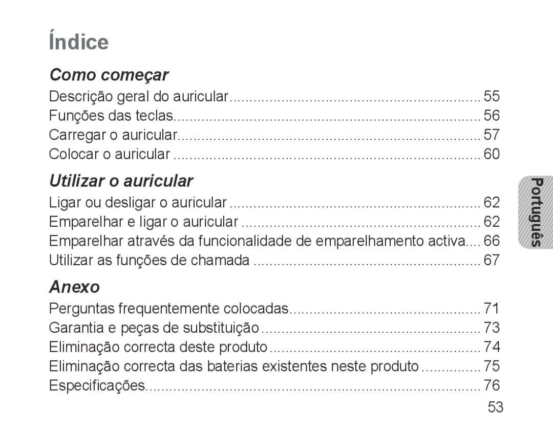 Samsung BHM3200EDECFOP, BHM3200EDECXEF, BHM3200EDECXEH, BHM3200EDECXEE, BHM3200EDECEUR, BHM3200EDECSER manual Índice, Português 