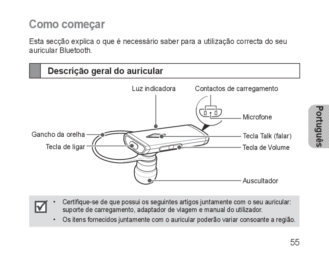 Samsung BHM3200EDECXEE, BHM3200EDECXEF, BHM3200EDECFOP, BHM3200EDECXEH manual Como começar, Descrição geral do auricular 