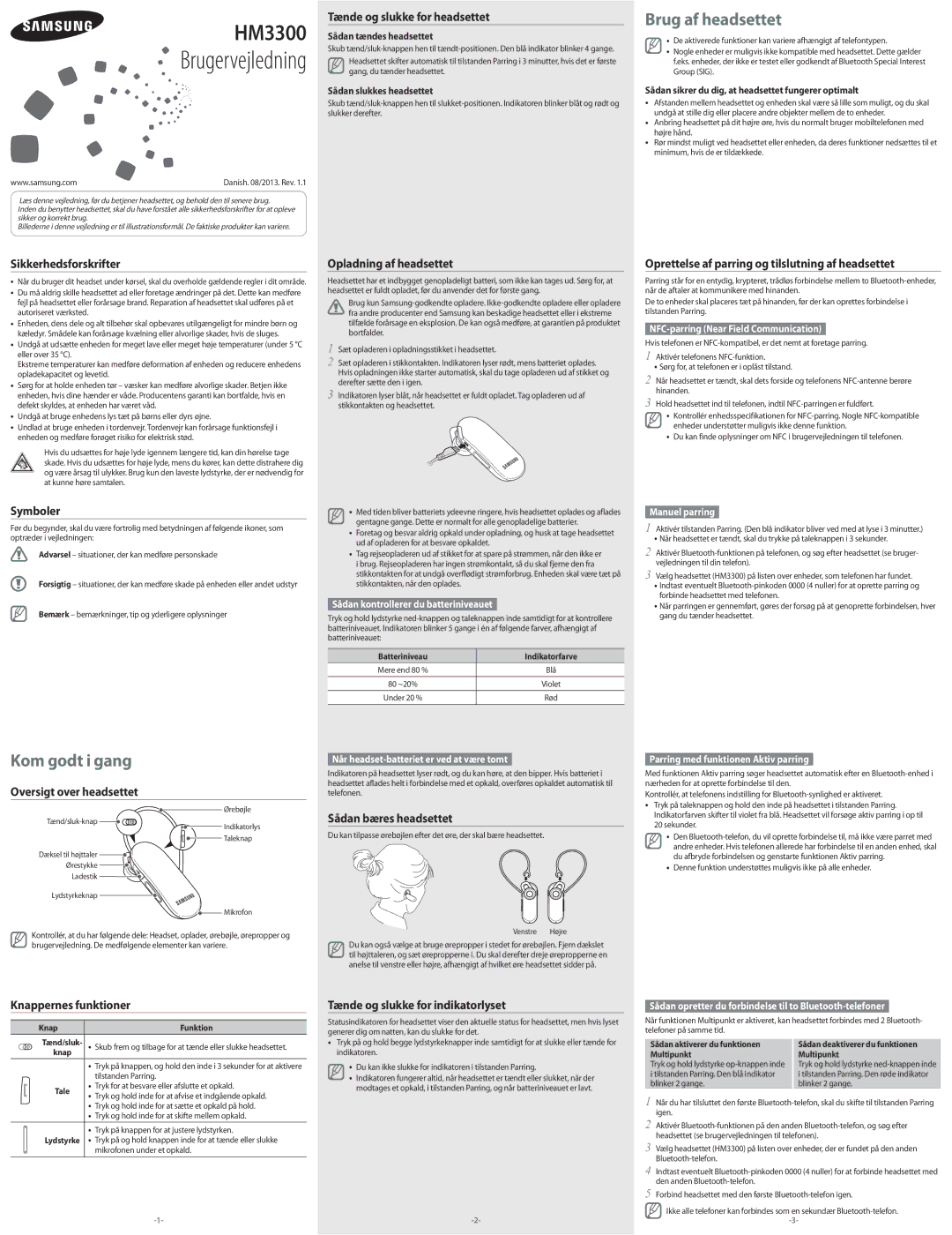 Samsung BHM3300EDECXEE manual Sikkerhedsforskrifter, Symboler, Oversigt over headsettet, Knappernes funktioner 