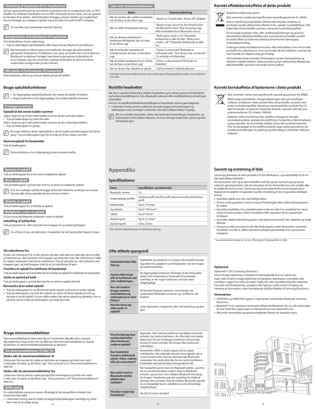 Samsung BHM3300EDECXEE manual Bruge opkaldsfunktioner, Nulstille headsettet, Korrekt affaldsbortskaffelse af dette produkt 