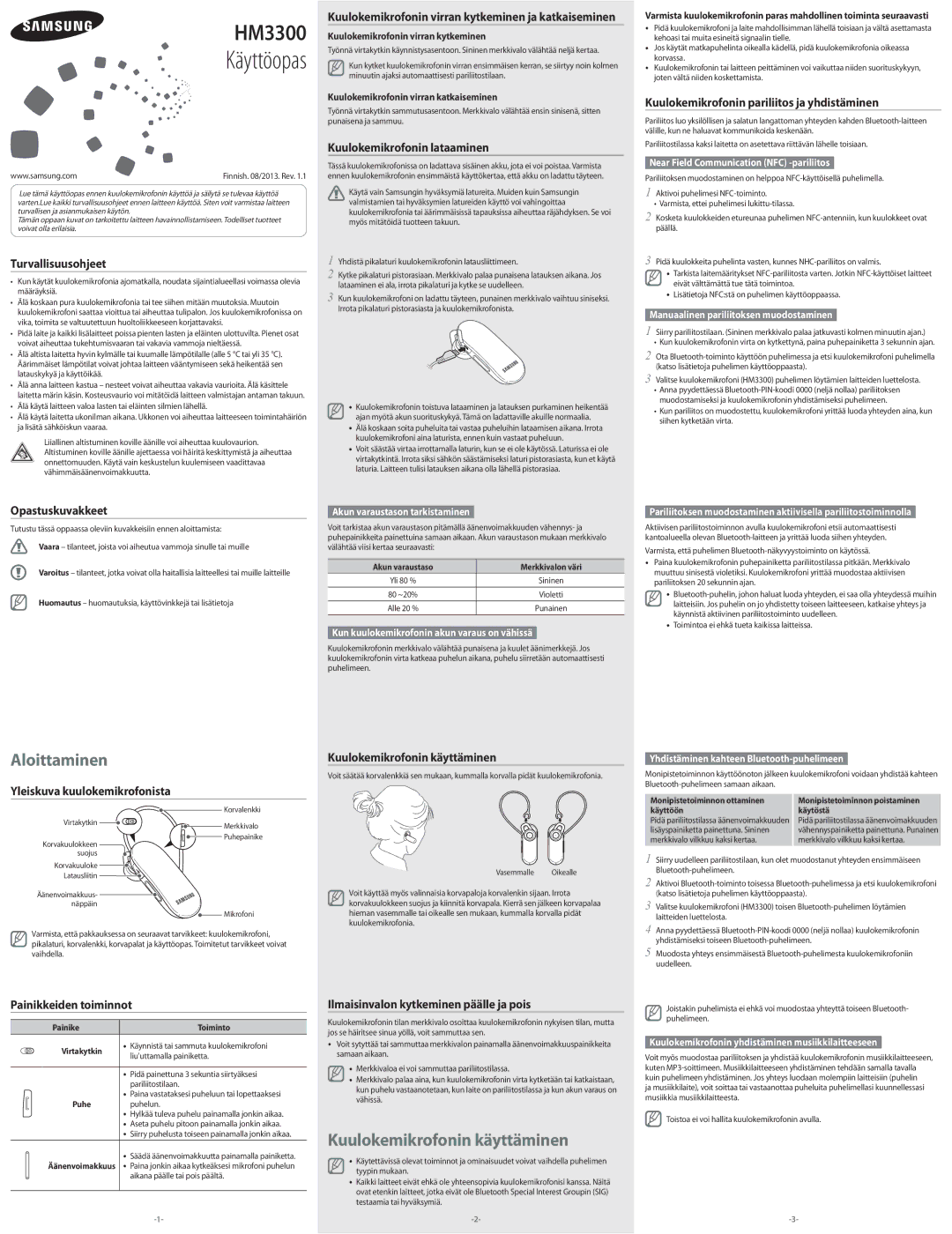 Samsung BHM3300EDECXEE manual Turvallisuusohjeet, Opastuskuvakkeet, Yleiskuva kuulokemikrofonista, Painikkeiden toiminnot 