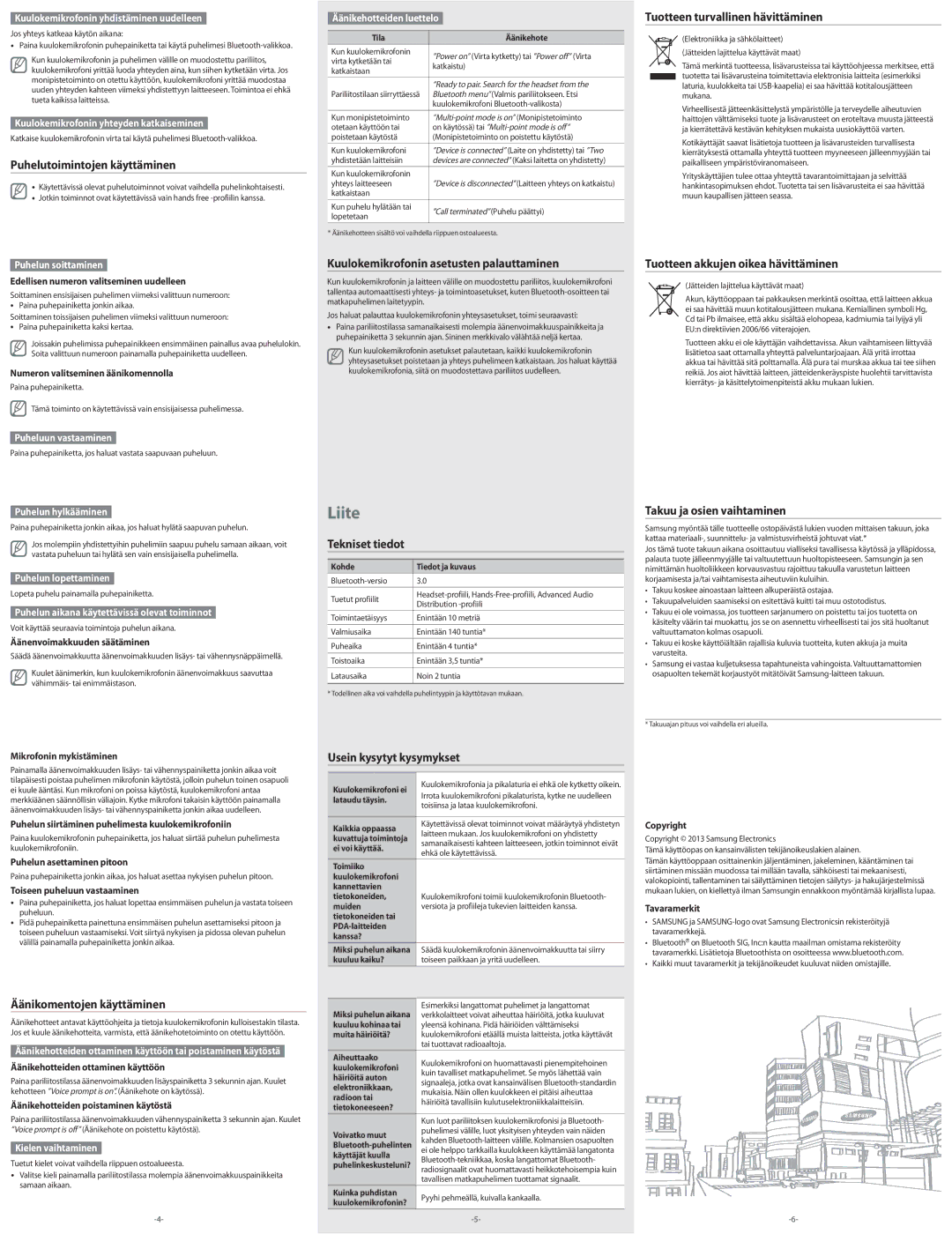 Samsung BHM3300EDECXEE manual Puhelutoimintojen käyttäminen, Kuulokemikrofonin asetusten palauttaminen, Tekniset tiedot 