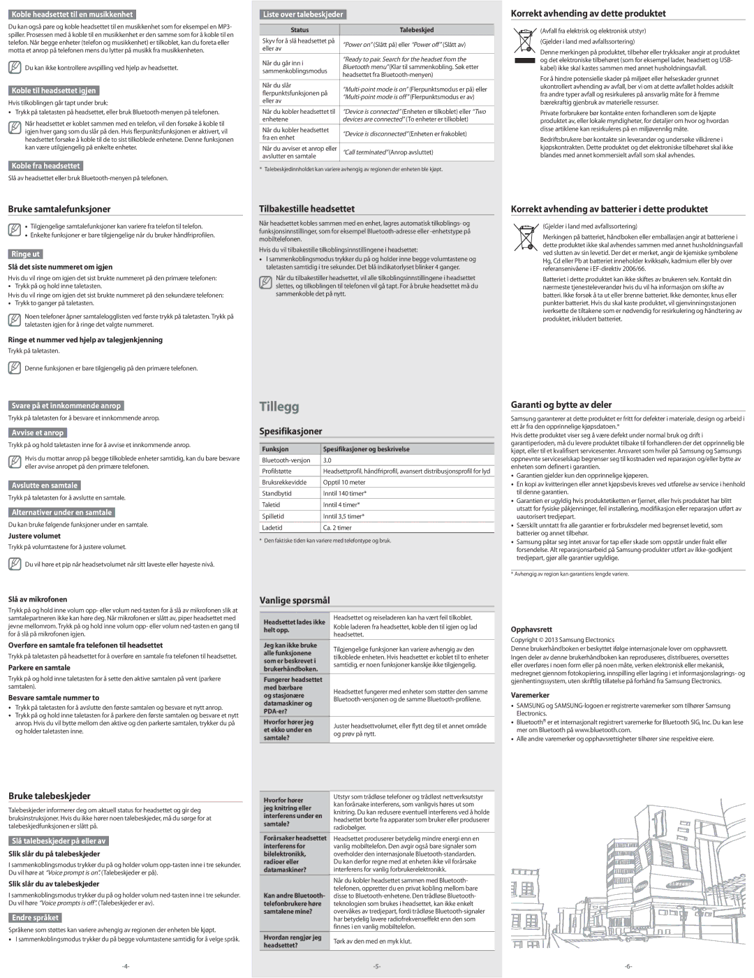 Samsung BHM3300EDECXEE manual Bruke samtalefunksjoner, Tilbakestille headsettet, Spesifikasjoner, Vanlige spørsmål 