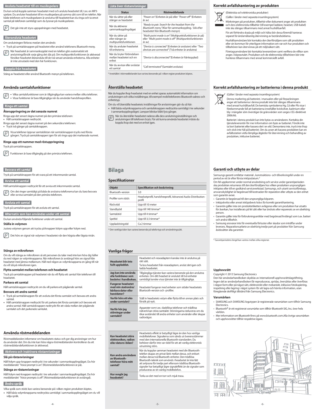 Samsung BHM3300EDECXEE manual Använda samtalsfunktioner, Återställa headsetet, Korrekt avfallshantering av produkten 