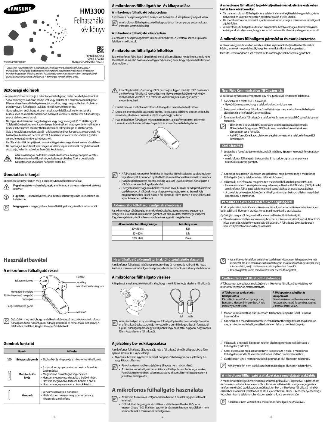 Samsung BHM3300EWECXEH manual Biztonsági előírások, Útmutatások ikonjai, Mikrofonos fülhallgató be- és kikapcsolása 