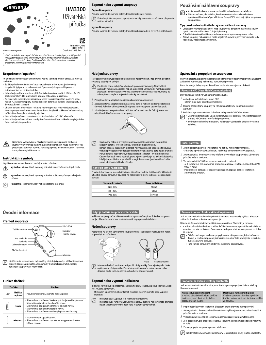 Samsung BHM3300EWECXEH manual Bezpečnostní opatření, Instruktážní symboly, Přehled soupravy, Funkce tlačítek 