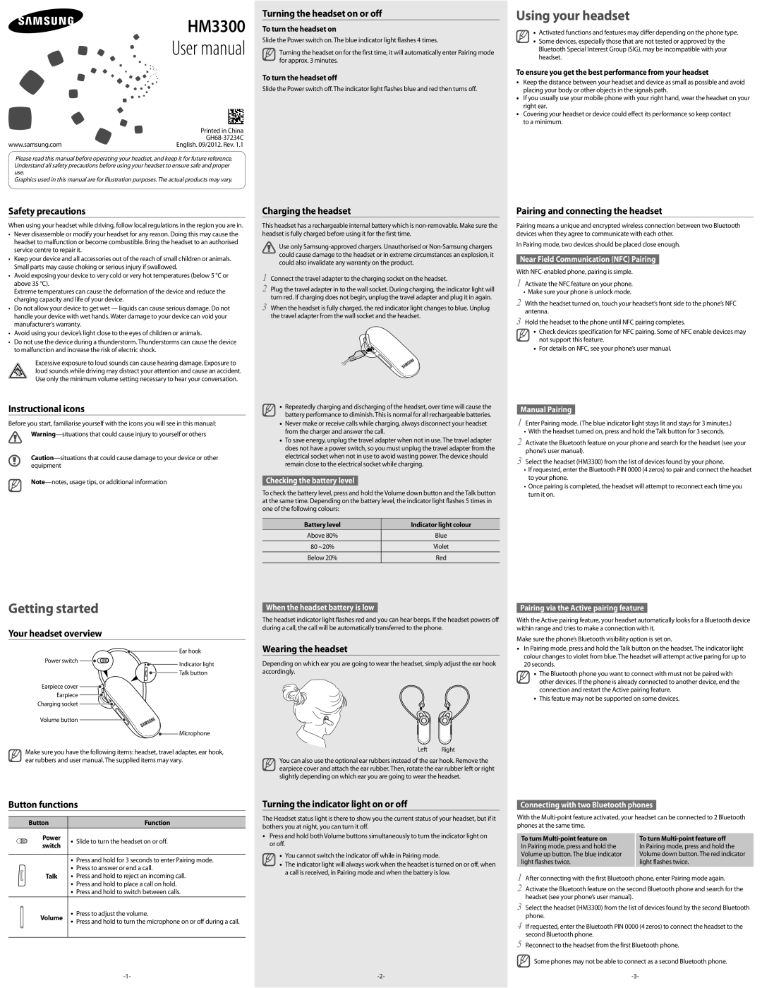 Samsung BHM3300UWECKSA manual Safety precautions, Instructional icons, Your headset overview, Button functions 