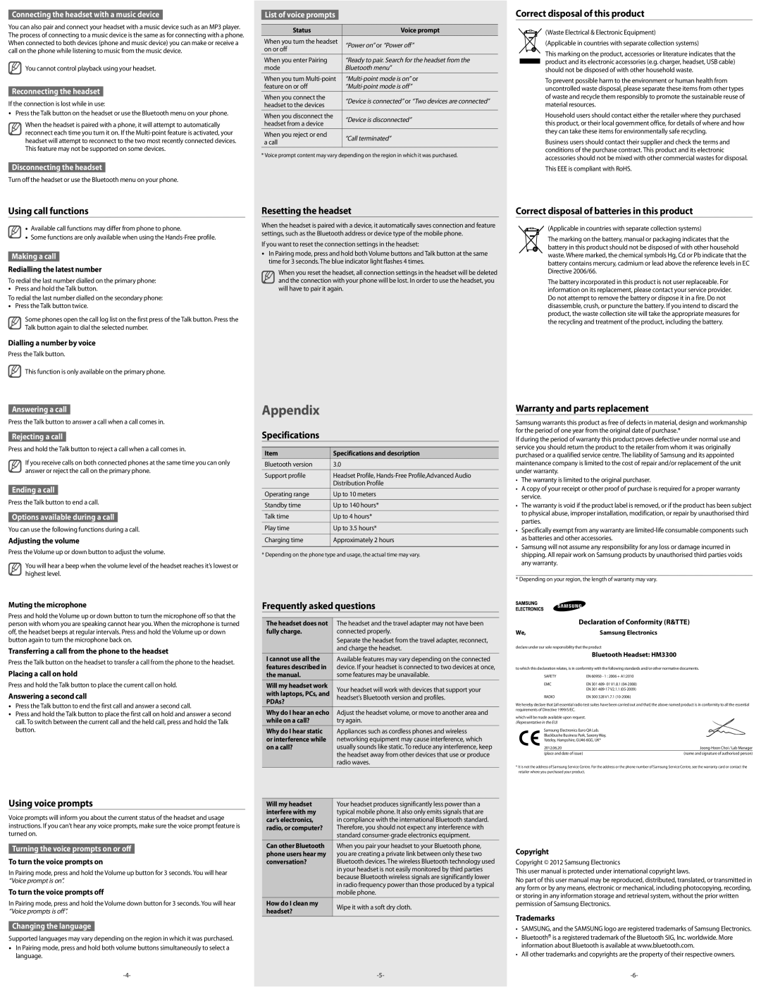 Samsung BHM3300USECKSA manual Using call functions, Resetting the headset, Correct disposal of this product, Specifications 