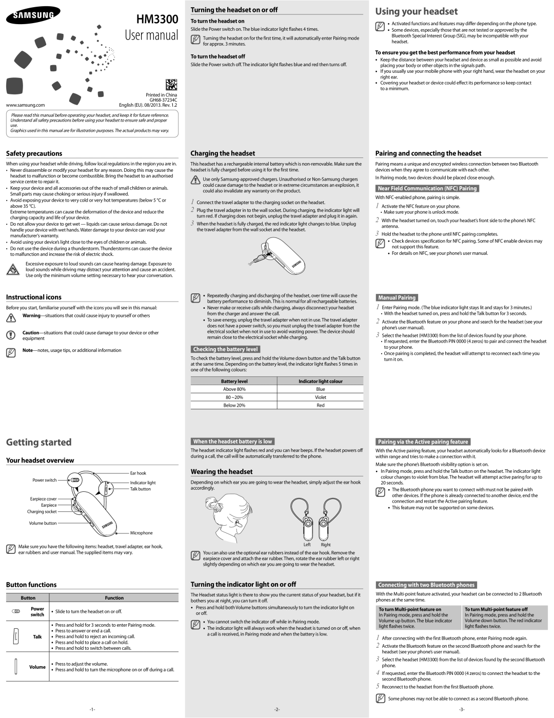 Samsung BHM3300ELECXEG manual Safety precautions, Instructional icons, Your headset overview, Button functions 