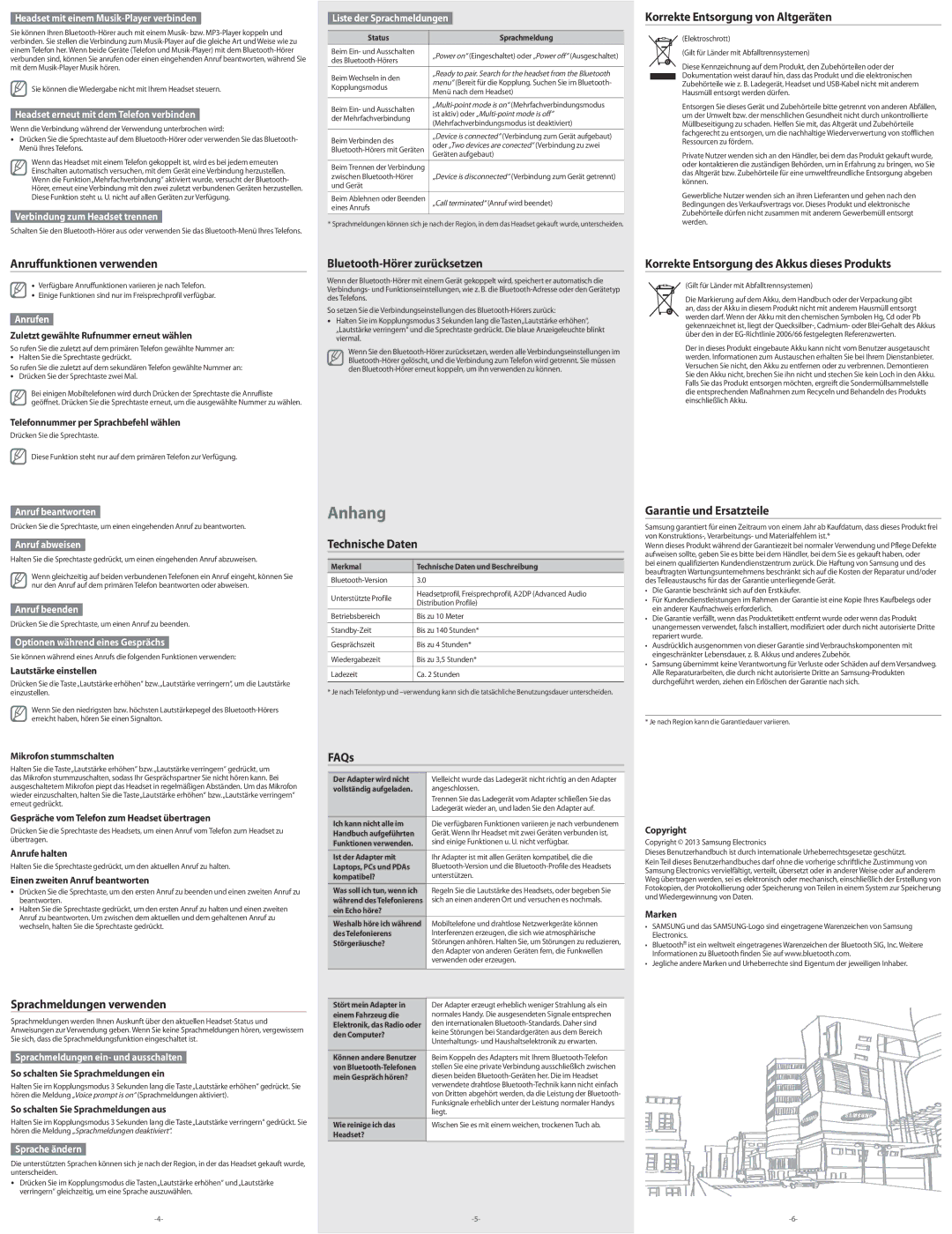 Samsung BHM3300EDECXEG Anruffunktionen verwenden, Bluetooth-Hörer zurücksetzen, Korrekte Entsorgung von Altgeräten, FAQs 