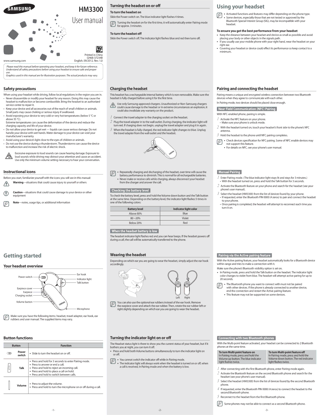 Samsung BHM3300NWACSTA user manual Safety precautions, Instructional icons, Your headset overview, Button functions 