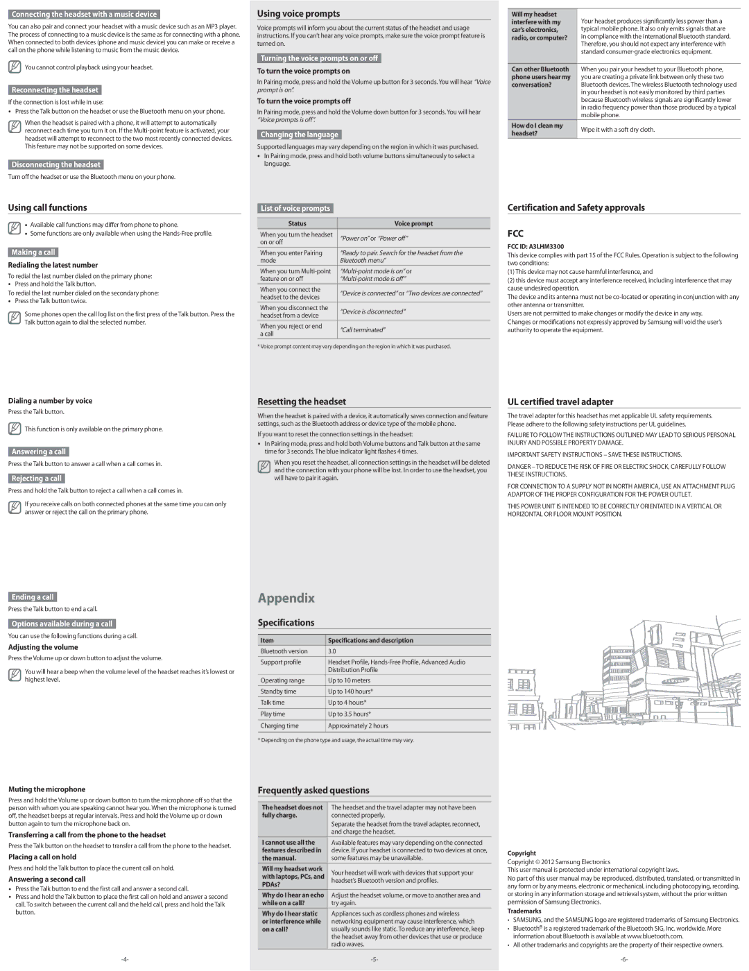 Samsung BHM3300NWACSTA Using call functions, Using voice prompts, Certification and Safety approvals, Specifications 