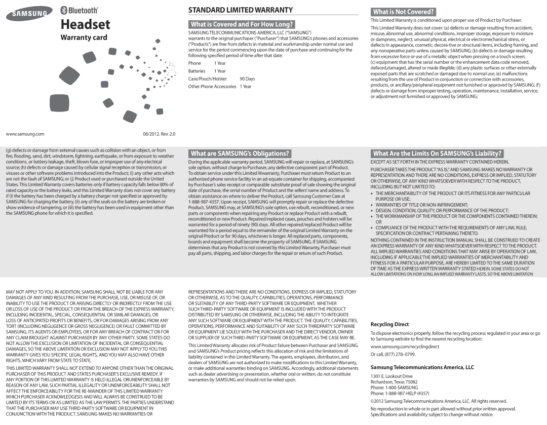 Samsung BHM3300NWACSTA What are SAMSUNG’s Obligations?, Recycling Direct, Samsung Telecommunications America, LLC 
