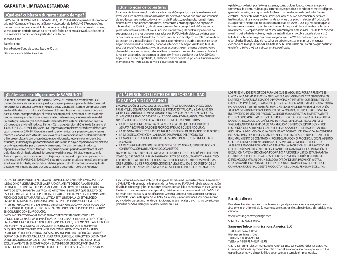 Samsung BHM3300NWACSTA user manual Reciclaje directo, Ningún Tipo CON Respecto AL PRODUCTO, INCLUIDA, Entre Otras, Mismo NI 