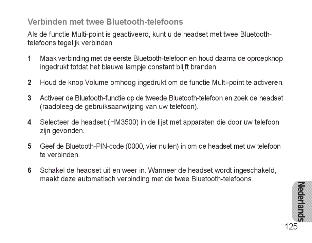 Samsung BHM3500EBECXEF, BHM3500EWECXEF manual Verbinden met twee Bluetooth-telefoons, 125, Nederlands 