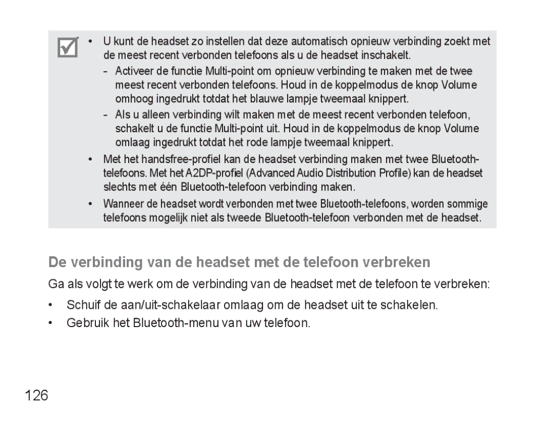 Samsung BHM3500EWECXEF, BHM3500EBECXEF manual De verbinding van de headset met de telefoon verbreken, 126 