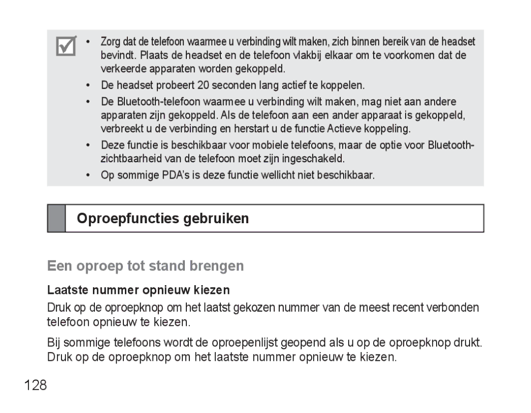 Samsung BHM3500EWECXEF manual Oproepfuncties gebruiken, Een oproep tot stand brengen, 128, Laatste nummer opnieuw kiezen 