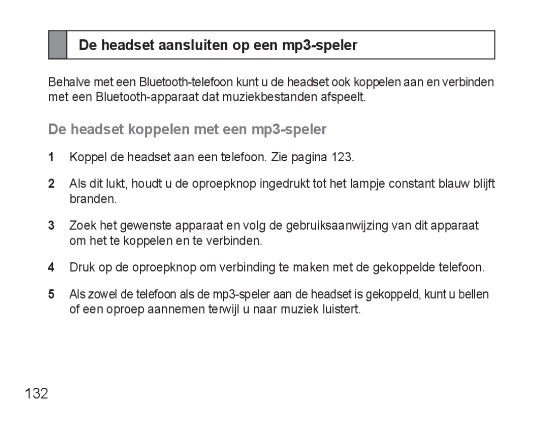 Samsung BHM3500EWECXEF manual De headset aansluiten op een mp3-speler, De headset koppelen met een mp3-speler, 132 