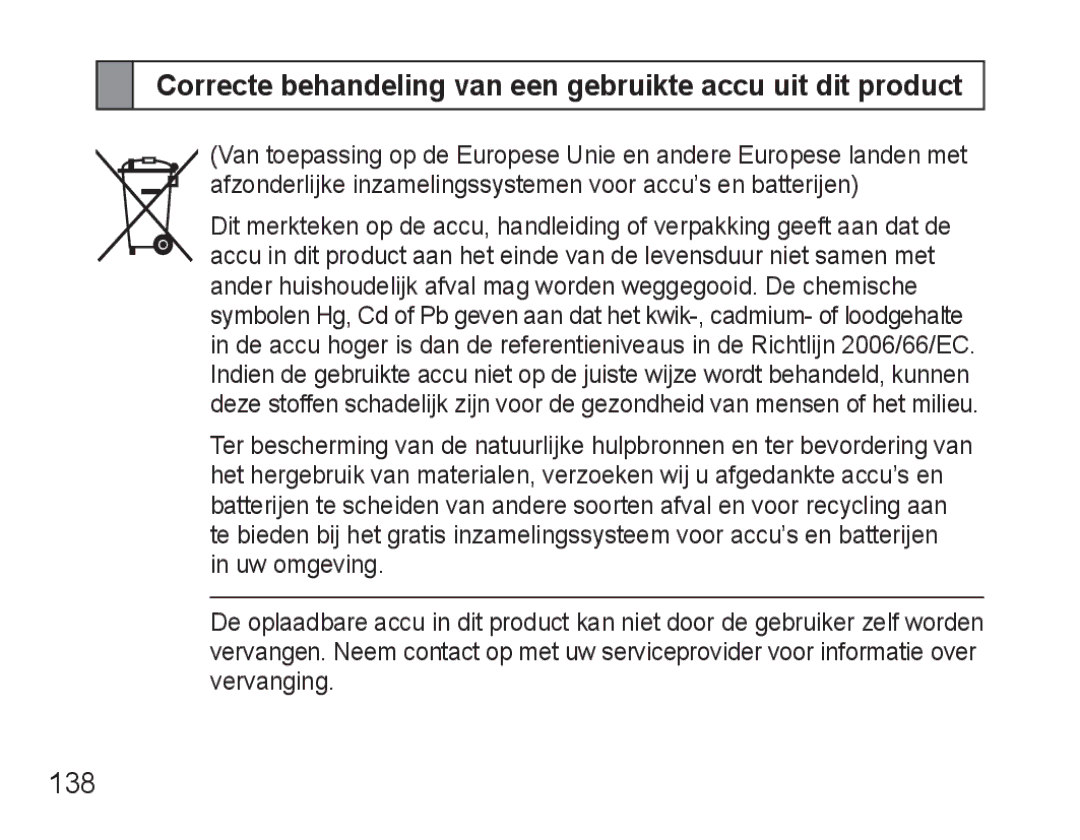 Samsung BHM3500EWECXEF, BHM3500EBECXEF manual Correcte behandeling van een gebruikte accu uit dit product, 138 